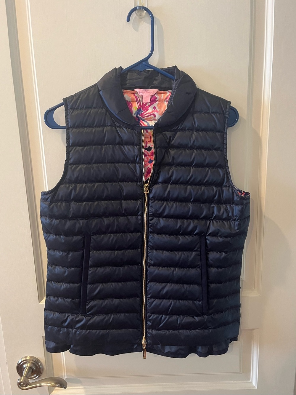 Lilly Pulitzer Navy Puffer Vest with Pink Floral Lining Size S